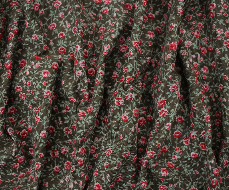 Brown-Red-Green Cotton Floral Corduroy Woven Fabric
