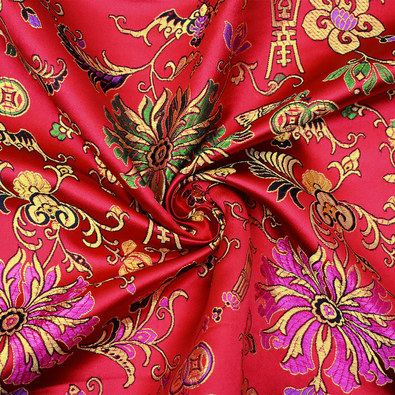 Red-Yellow-Multi Polyester  Floral Chinese Brocade Woven Fabric