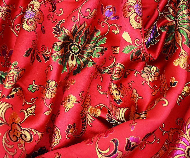 Red-Yellow-Multi Polyester  Floral Chinese Brocade Woven Fabric