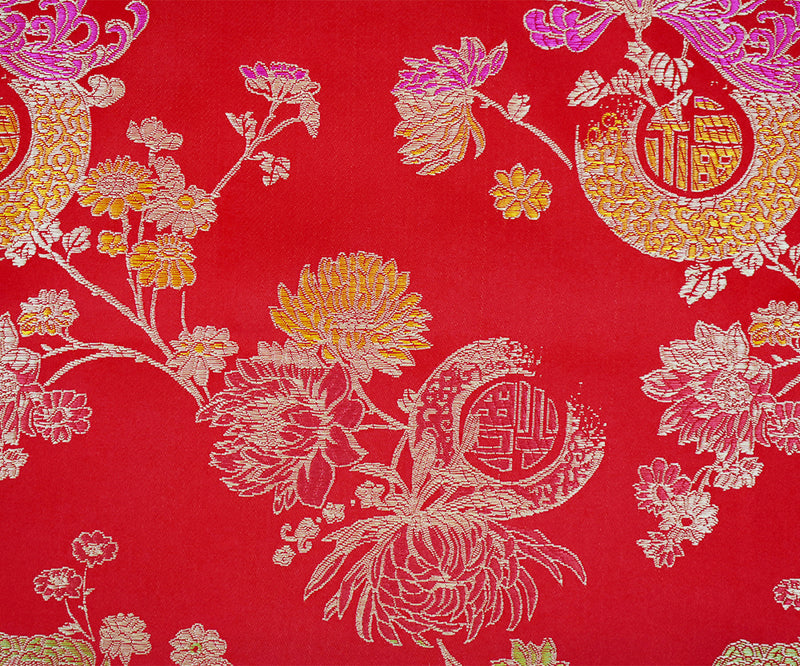 Red-Beige-Multi Polyester Floral Chinese Brocade Woven Fabric