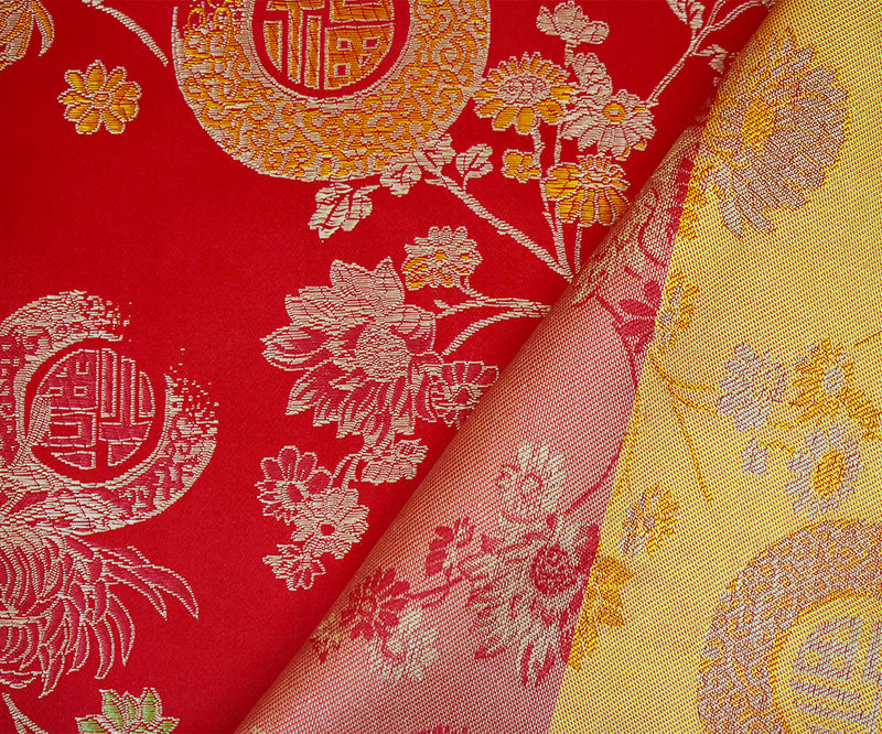 Red-Beige-Multi Polyester Floral Chinese Brocade Woven Fabric