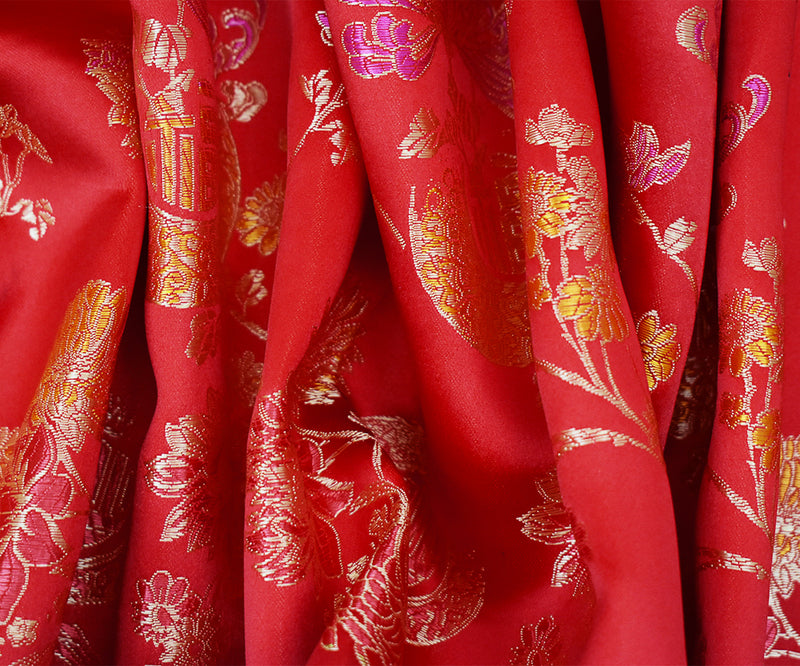 Red-Beige-Multi Polyester Floral Chinese Brocade Woven Fabric