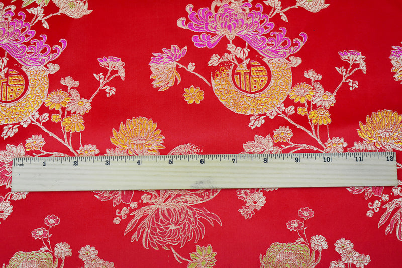 Red-Beige-Multi Polyester Floral Chinese Brocade Woven Fabric