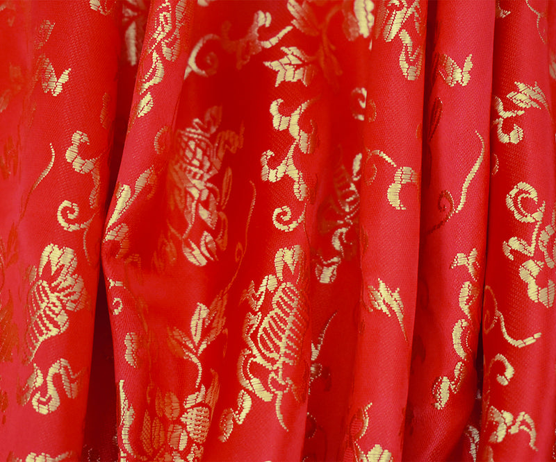 Red-Yellow Polyester Floral Pattern Chinese Brocade Woven Fabric