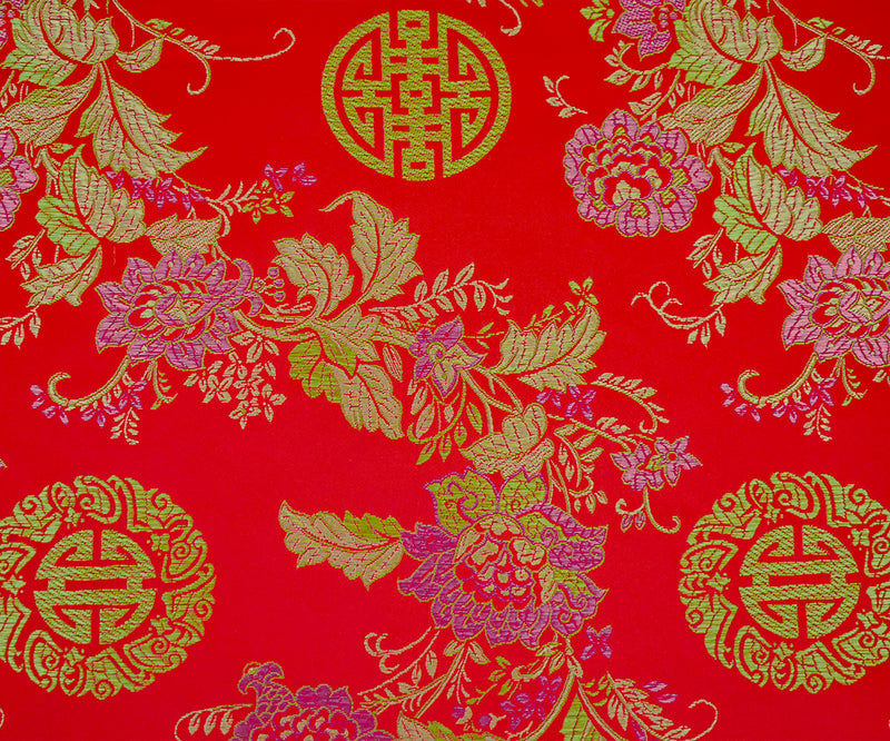 Red-Pink-Multi Polyester Floral Chinese Brocade Woven Fabric
