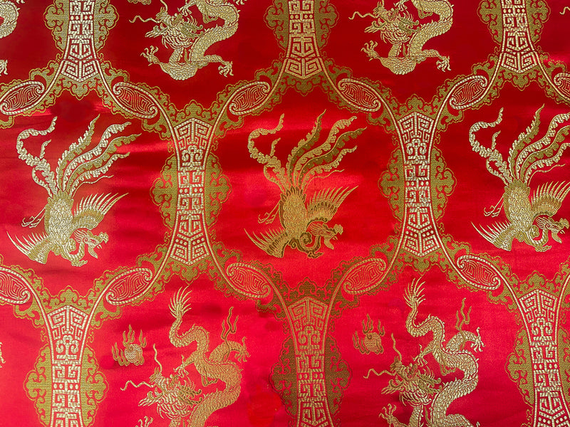 Red-Golden Yellow-Brown Dragon Trellis Chinese Brocade Woven Fabric