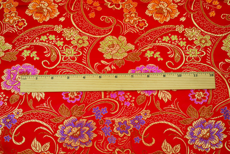 Red-Orange-Multi Polyester Floral Vine Pattern Chinese Brocade Woven Fabric