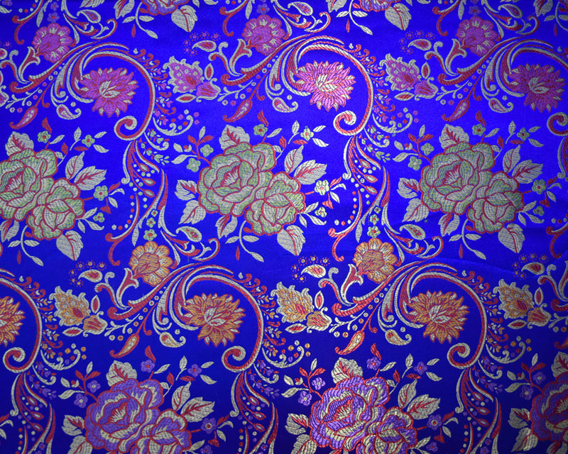 Blue-Yellow-Multi Polyester Floral Vine Chinese Brocade Woven Fabric
