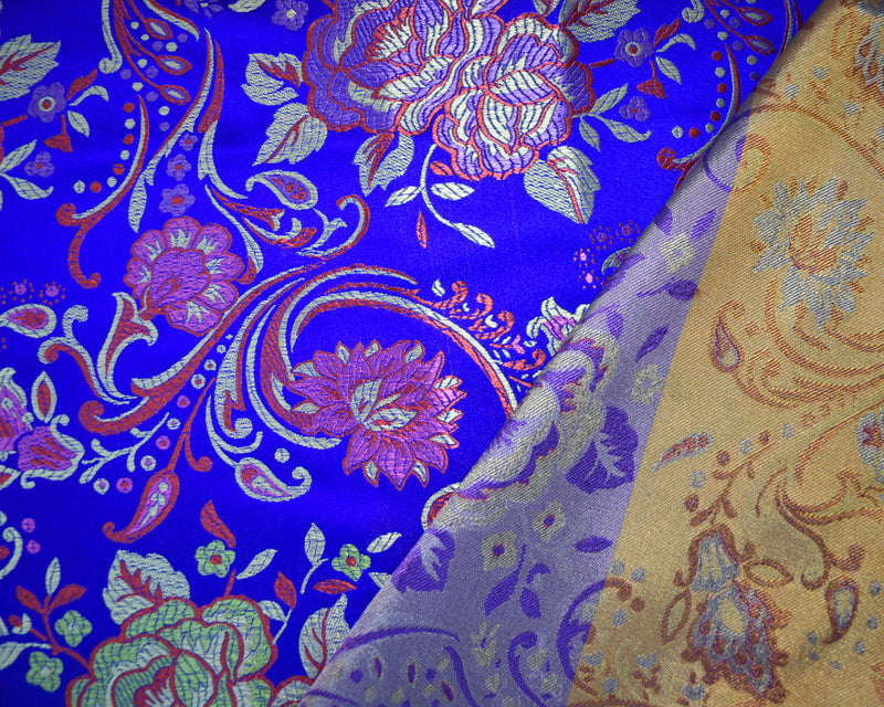 Blue-Yellow-Multi Polyester Floral Vine Chinese Brocade Woven Fabric