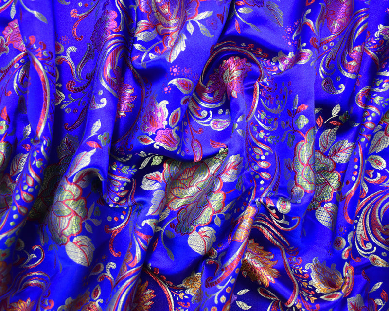 Blue-Yellow-Multi Polyester Floral Vine Chinese Brocade Woven Fabric