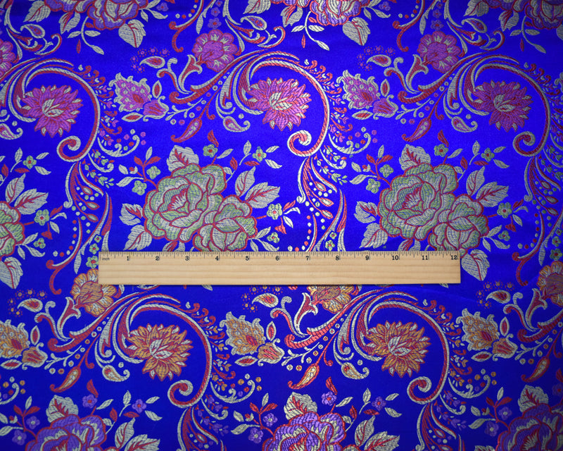 Blue-Yellow-Multi Polyester Floral Vine Chinese Brocade Woven Fabric