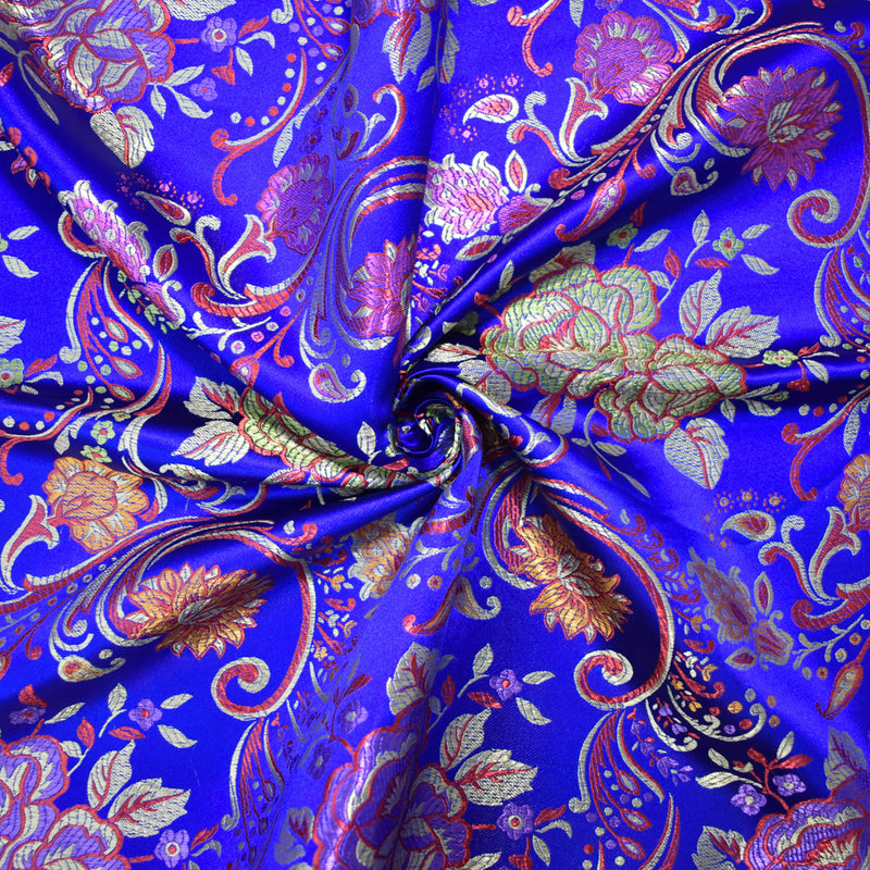Blue-Yellow-Multi Polyester Floral Vine Chinese Brocade Woven Fabric