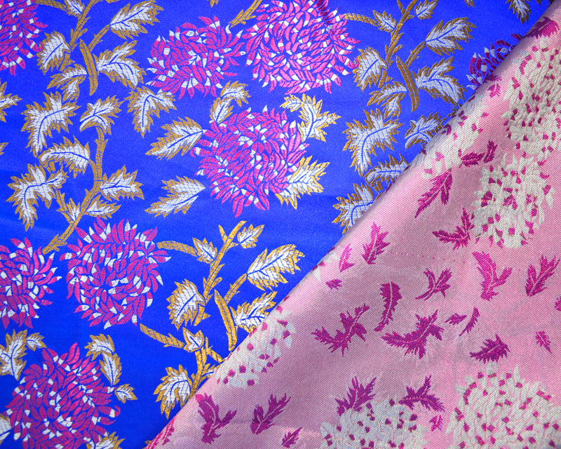 Blue-Fuchsia-Multi Polyester Abstract Floral Chinese Brocade Woven Fabric