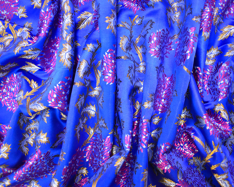 Blue-Fuchsia-Multi Polyester Abstract Floral Chinese Brocade Woven Fabric