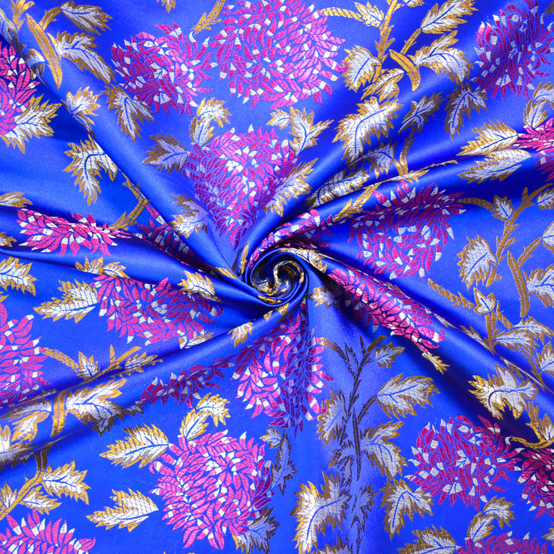 Blue-Fuchsia-Multi Polyester Abstract Floral Chinese Brocade Woven Fabric