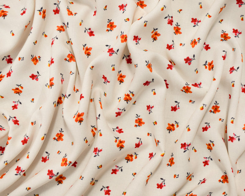 White-Orange-Multi Rayon Ditsy Floral Printed Challis Woven Fabric