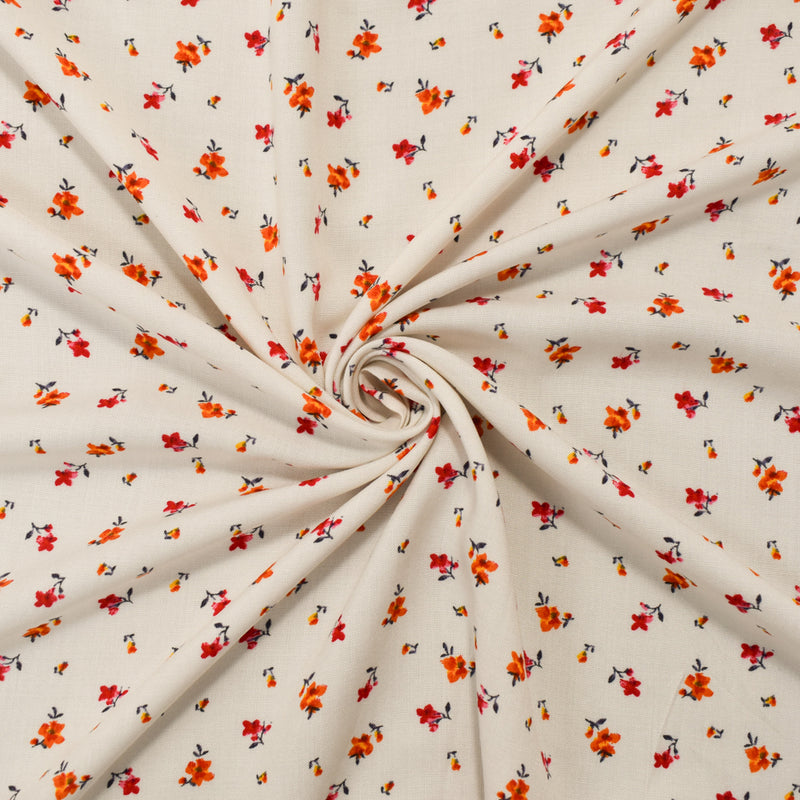 White-Orange-Multi Rayon Ditsy Floral Printed Challis Woven Fabric