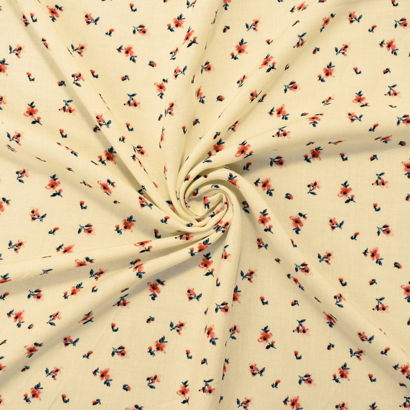 Ivory-Coral-Multi Rayon Ditsy Floral Printed Challis Woven Fabric