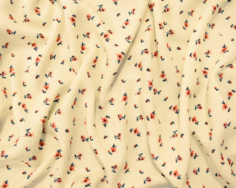 Ivory-Coral-Multi Rayon Ditsy Floral Printed Challis Woven Fabric