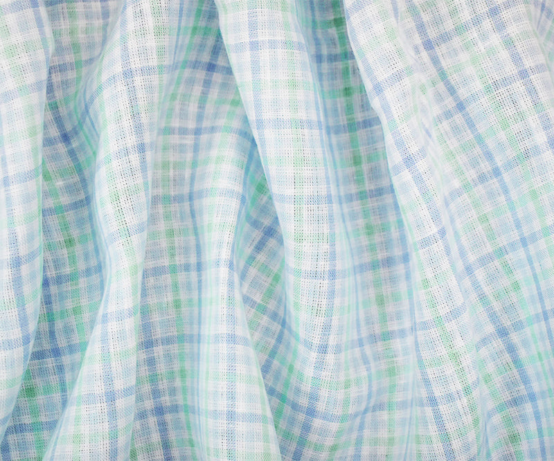 Green-Blue-White Spence Bryson Gingham Check Linen Woven Fabric