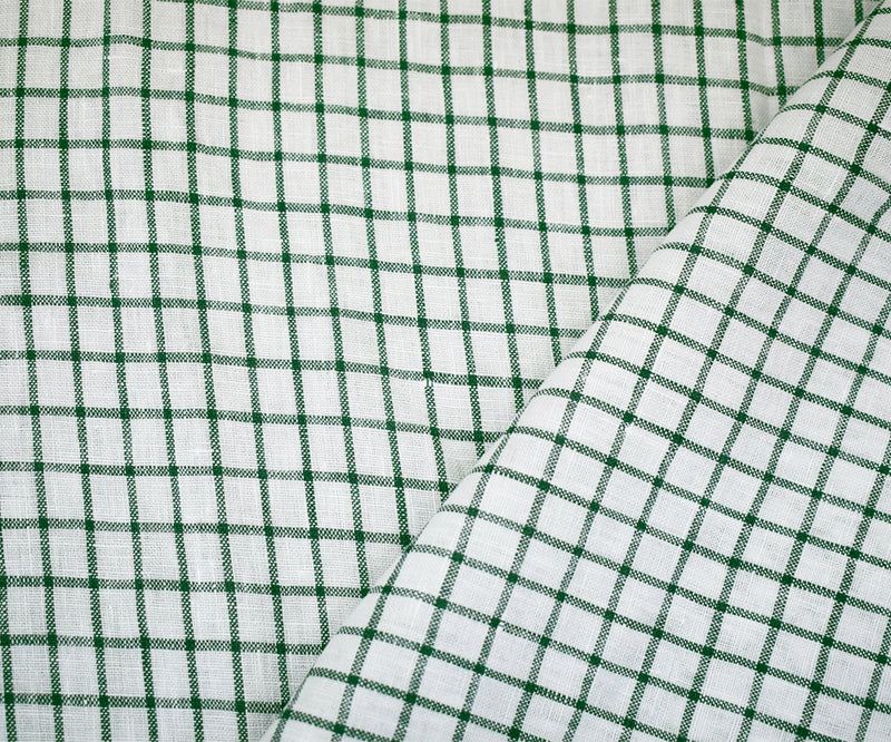 Green-White Moygashel Washed Grid Check Irish Linen Woven Fabric