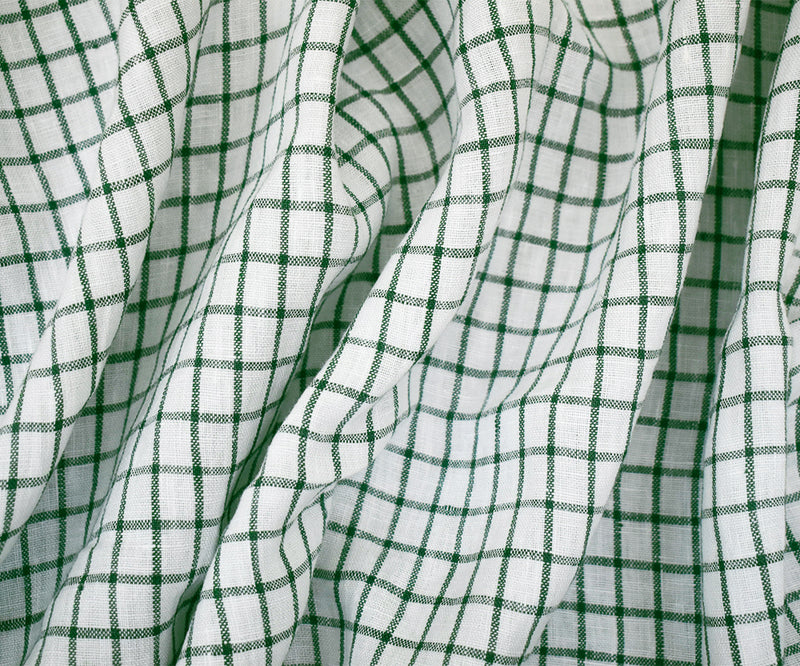 Green-White Moygashel Washed Grid Check Irish Linen Woven Fabric