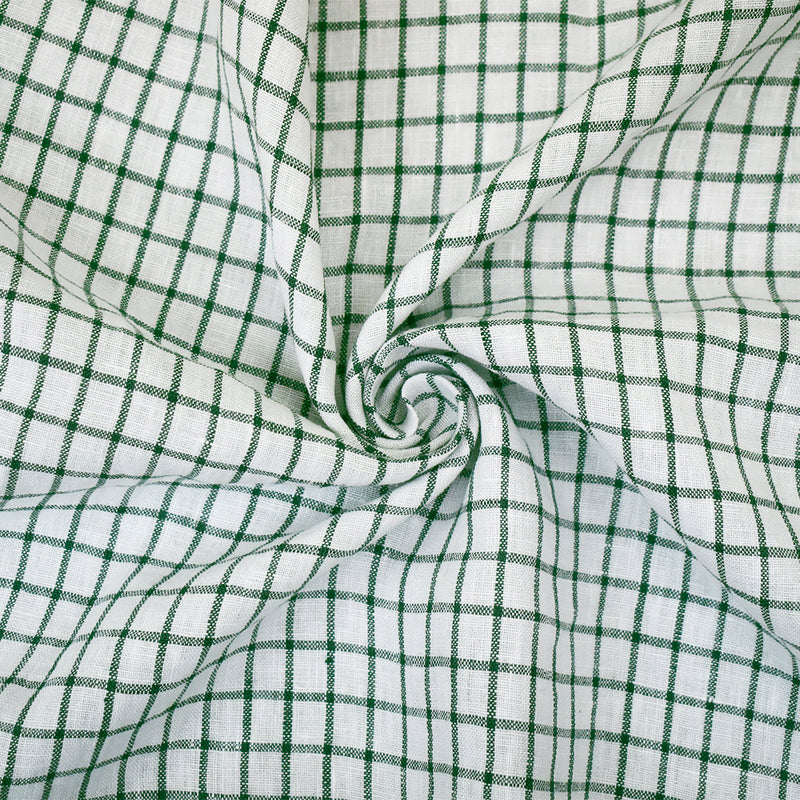 Green-White Moygashel Washed Grid Check Irish Linen Woven Fabric