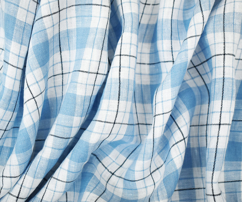 Blue-Navy-White Moygashel Washed Grid Plaid Irish Linen Woven Fabric