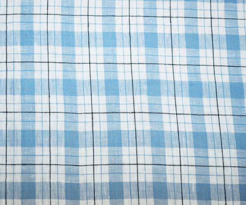 Blue-Navy-White Moygashel Washed Grid Plaid Irish Linen Woven Fabric