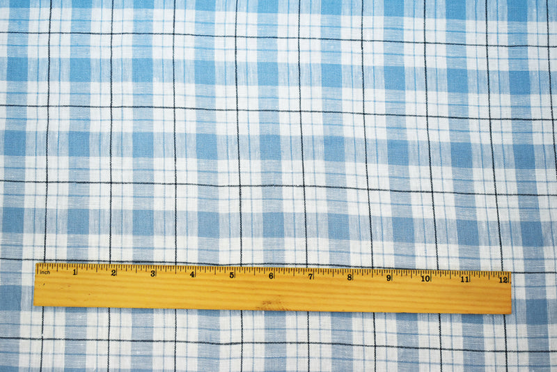 Blue-Navy-White Moygashel Washed Grid Plaid Irish Linen Woven Fabric