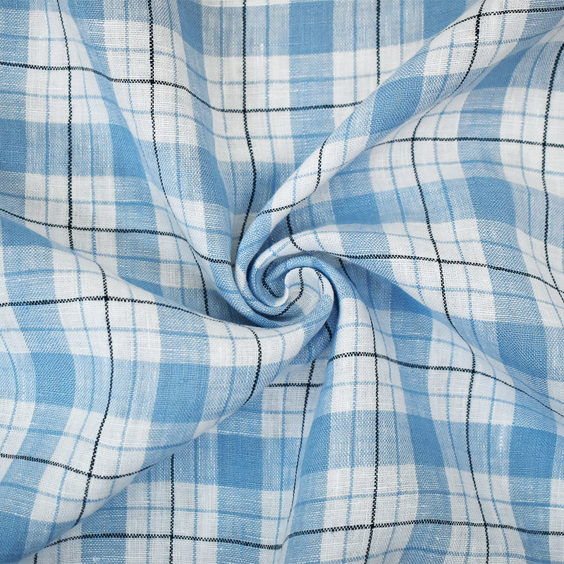 Blue-Navy-White Moygashel Washed Grid Plaid Irish Linen Woven Fabric