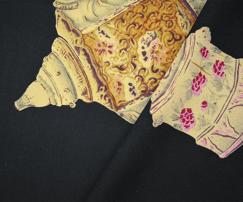 Black-Beige-Multi Silk Ceramic Printed Georgette Woven Fabric