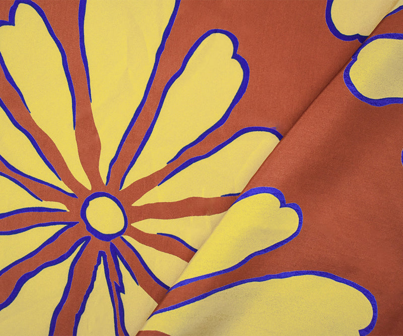 Brown-Beige-Blue Silk Floral Printed Charmeuse Fabric