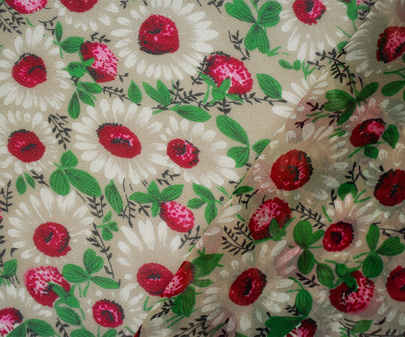 Taupe Beige-Green-Multi Silk Floral Printed Chiffon Woven Fabric