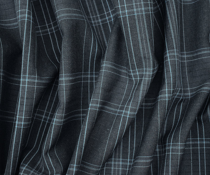 Deep Gray-Blue-Multi Plaid Poly Wool Woven Shirting Fabric