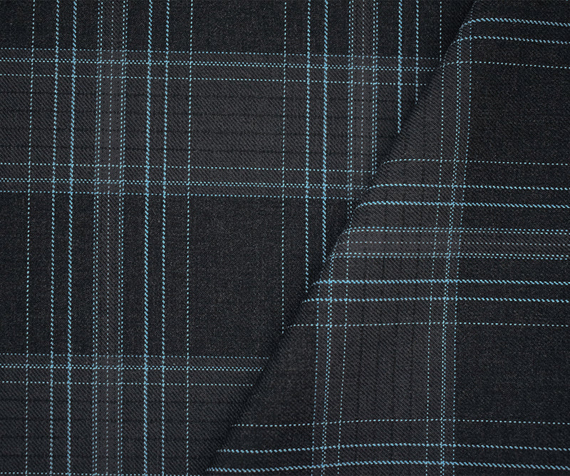 Deep Gray-Blue-White Poly Wool Plaid Woven Suiting Twill Fabric