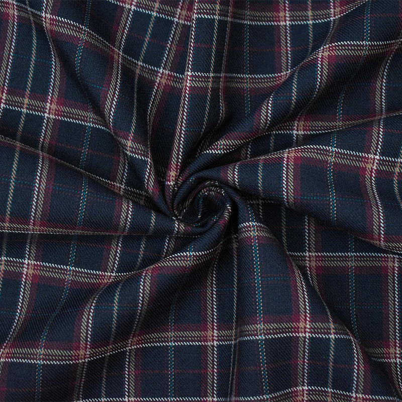 Red-Black-Multi Wool-Polyester Plaid Twill Suiting Woven Fabric