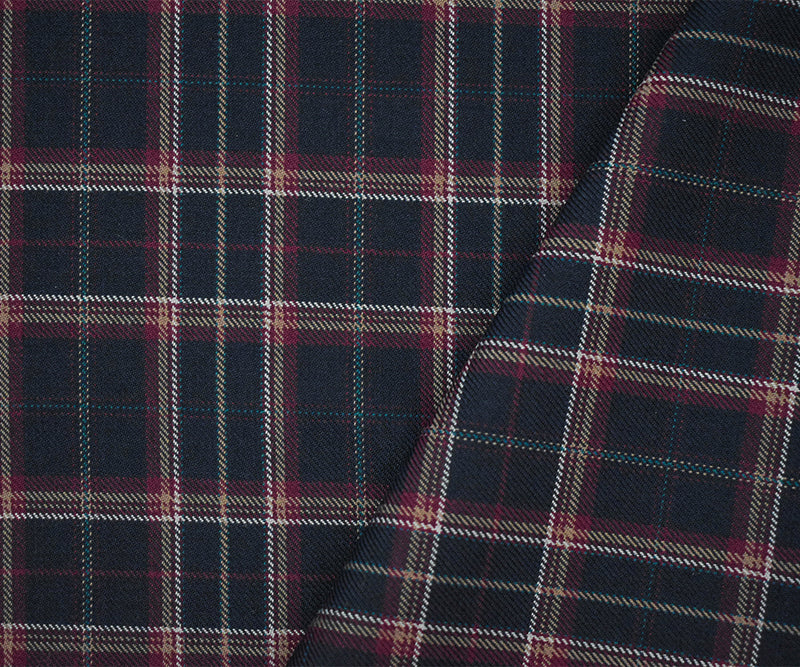 Red-Black-Multi Wool-Polyester Plaid Twill Suiting Woven Fabric