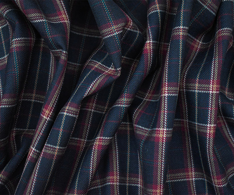 Red-Black-Multi Wool-Polyester Plaid Twill Suiting Woven Fabric