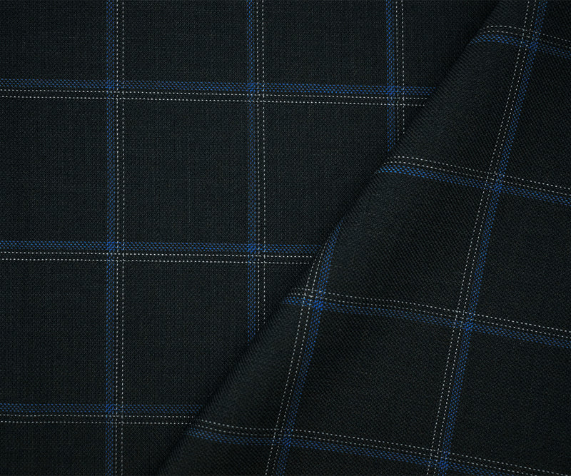 Black-Gray-Blue Poly-Wool Check-Plaid Shirting Twill Woven Fabric