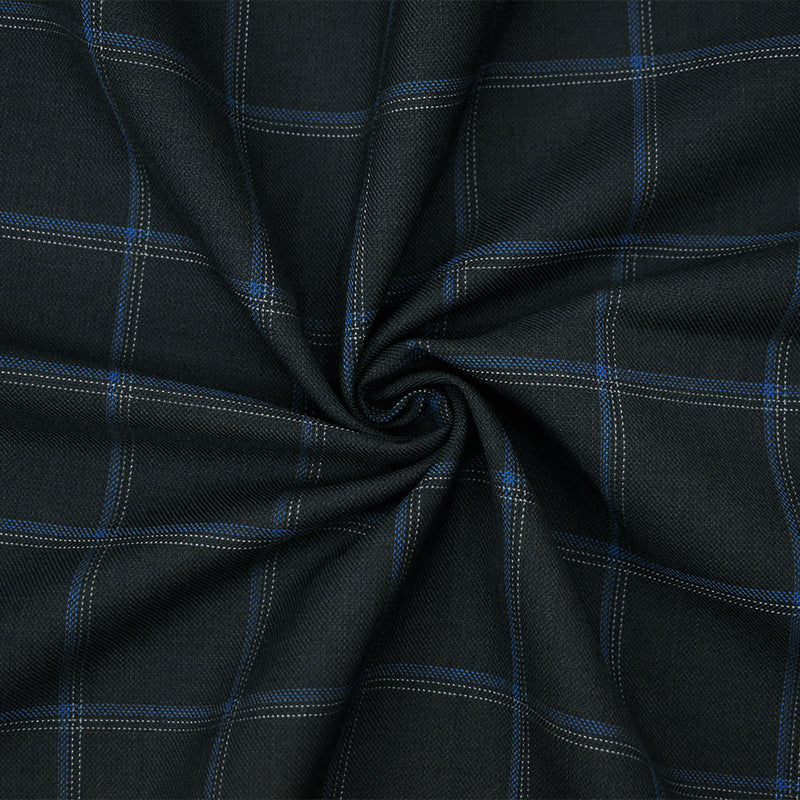 Black-Gray-Blue Poly-Wool Check-Plaid Shirting Twill Woven Fabric