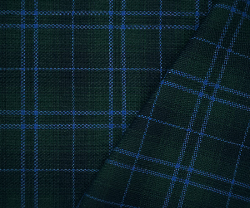 Green-Blue-Multi Poly-Wool Plaid Check Shirting Woven Fabric