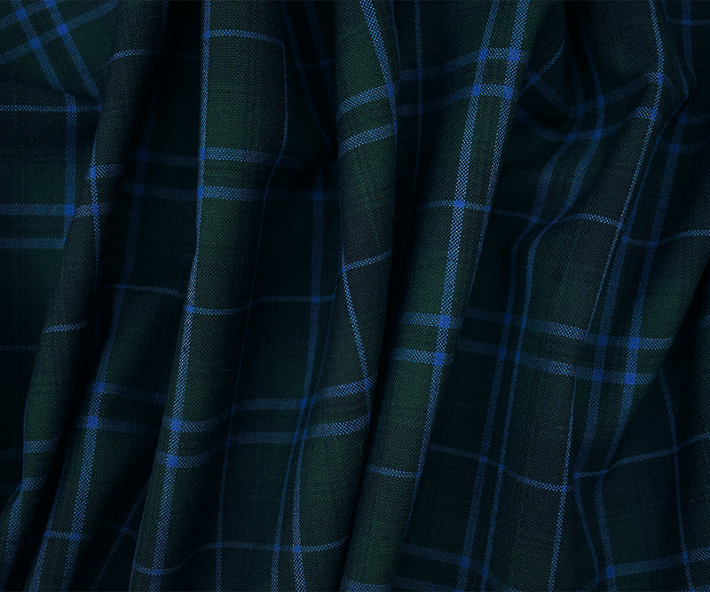 Green-Blue-Multi Poly-Wool Plaid Check Shirting Woven Fabric