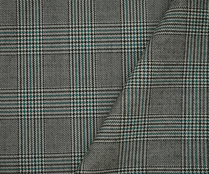 Black-Off-White-Green Poly-Wool Glen Plaid Check Suiting Woven Fabric