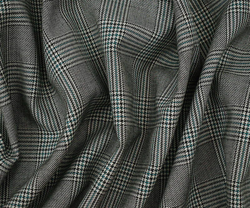 Black-Off-White-Green Poly-Wool Glen Plaid Check Suiting Woven Fabric