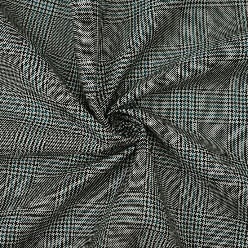Black-Off-White-Green Poly-Wool Glen Plaid Check Suiting Woven Fabric