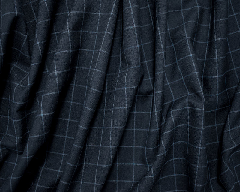 Deep Navy-Blue Wool-Polyester Japanese Check-Plaid Woven Shirting Fabric