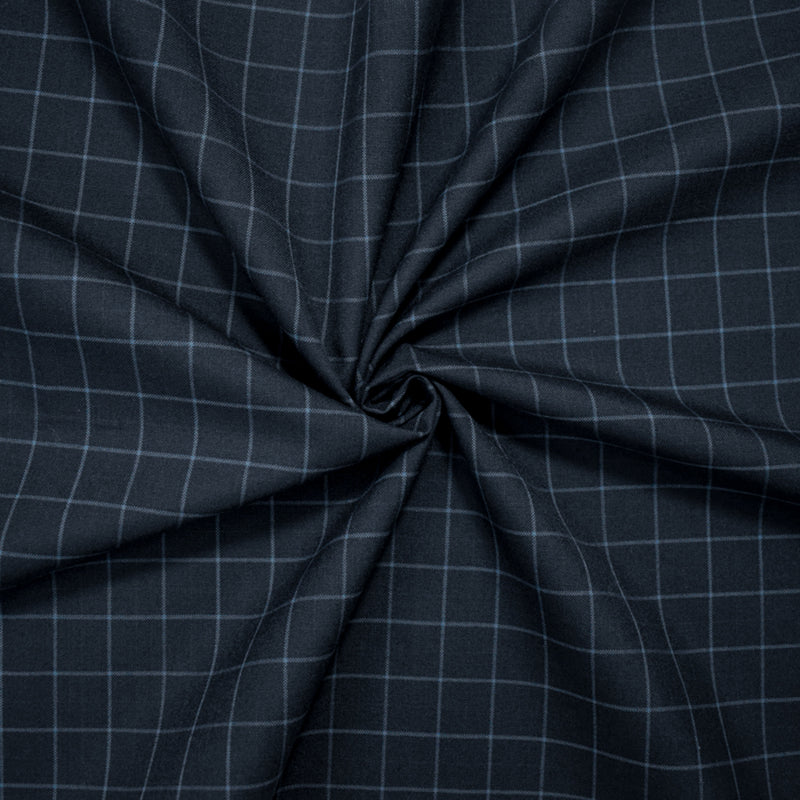 Deep Navy-Blue Wool-Polyester Japanese Check-Plaid Woven Shirting Fabric