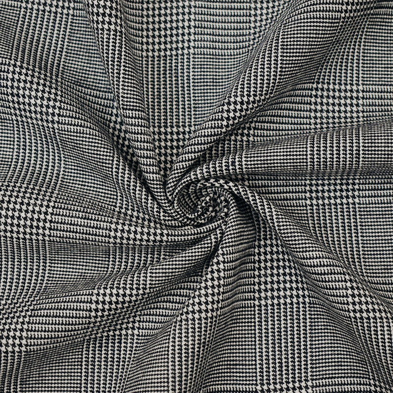Black-White Wool-Polyester Glen Plaid Woven Suiting Fabric