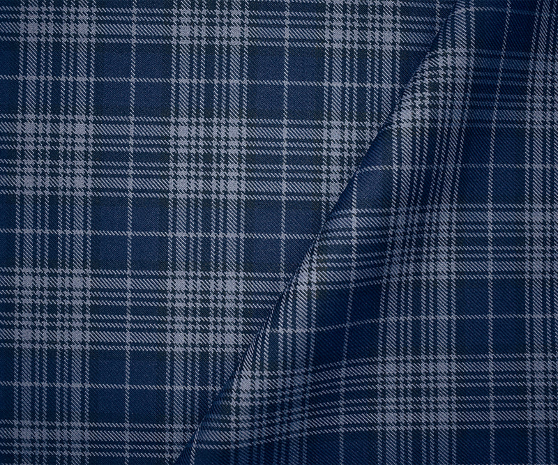 Blue-Black Wool-Polyester Plaid Woven Twill Suiting Fabric